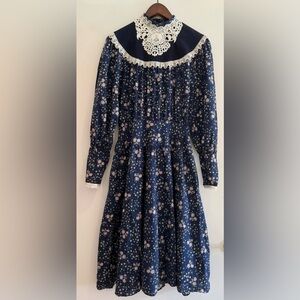 Gunne Sax Vintage Jessica Corduroy cotton calico navy floral dress 9